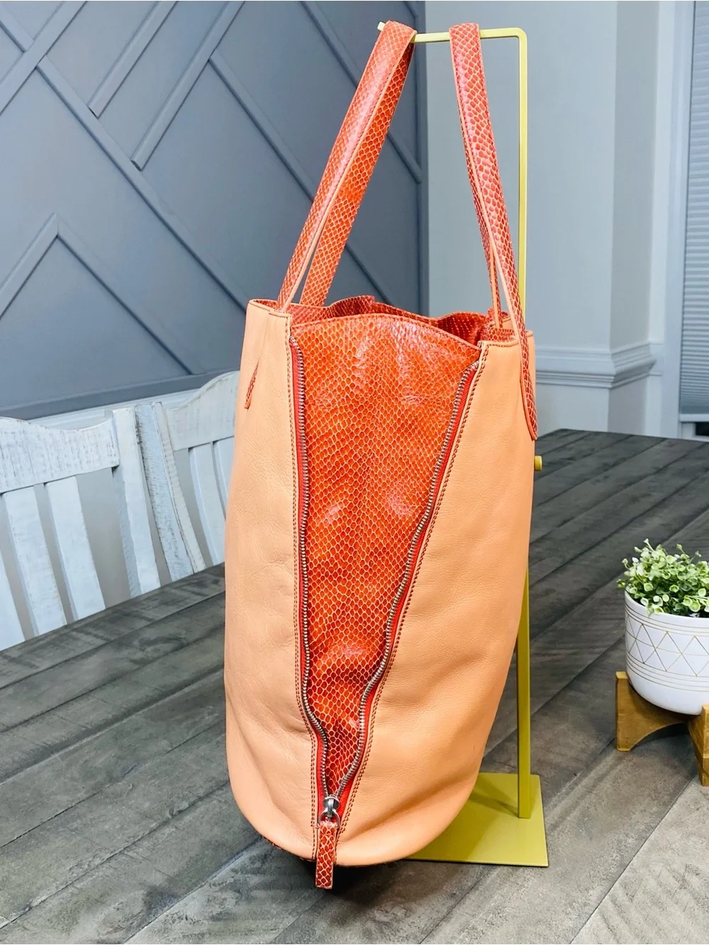 Gianfranco Listi Italy Expandable Pebble Leather Tote Bag Orange Python Trim